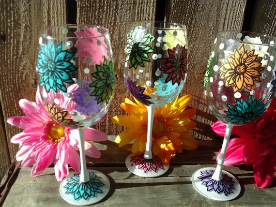 Hand painted wine glasses flowers