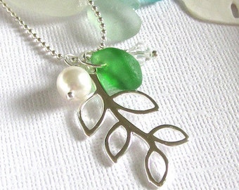 Green Sea Glass Leaf Necklace