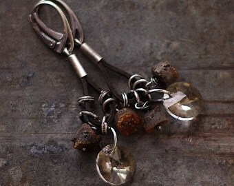 SALE 10 - 20 % OFF use the code • Raw Baltic Amber earrings • Swarovski crystal earrings • raw silver 925 sterling silver • raw amber