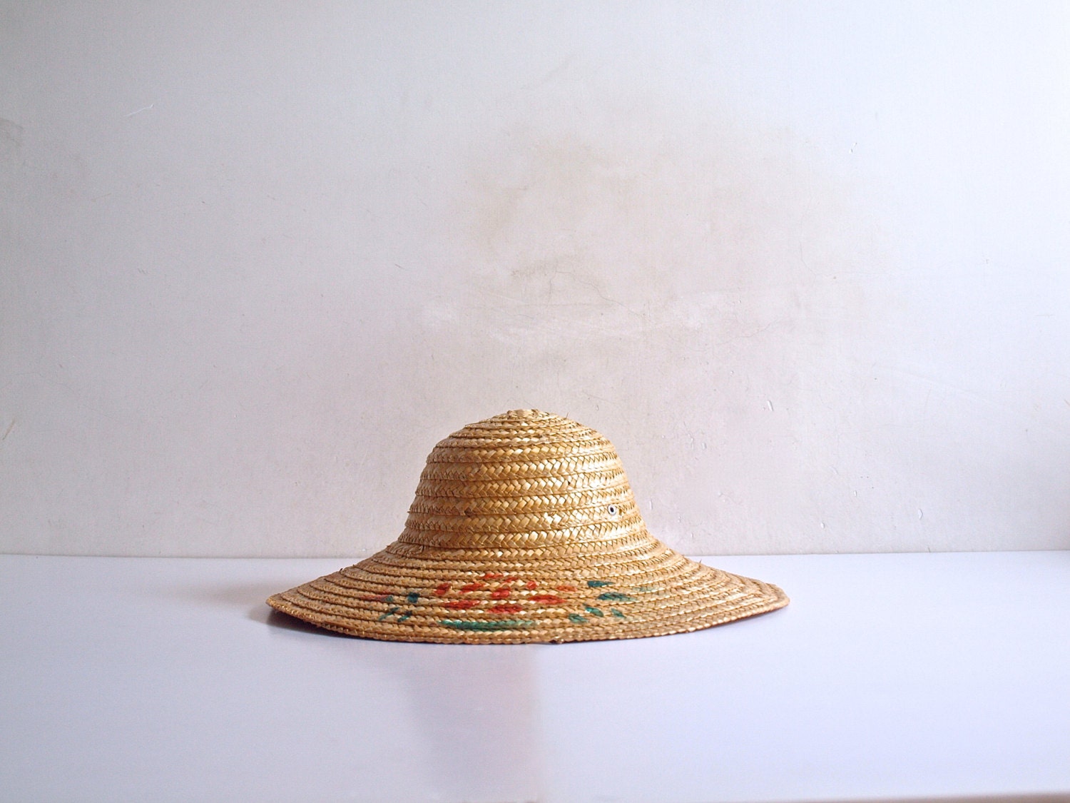 Vintage Wide Brim Asian Straw Hat, Oriental Straw Hat, Broad Brim Woven Straw Hat Haute Juice
