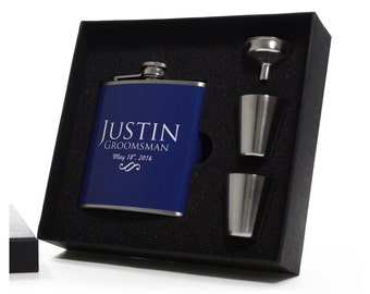 Gifts for Groomsmen, Navy Blue Wedding, Personalized Flasks for Men, Set of 5