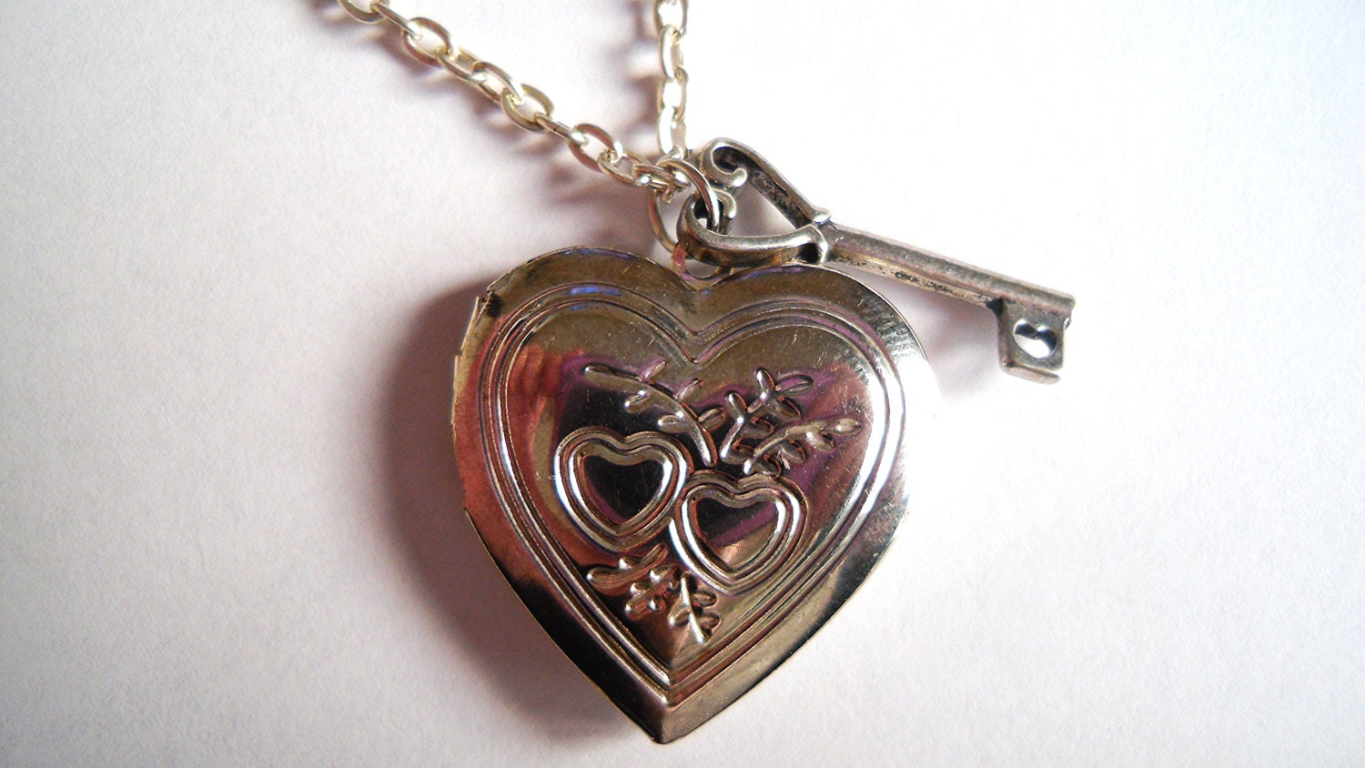 Silver Heart & Key Locket Pendant Necklace Love Cute