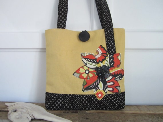 Yellow tote bag, Black purse, Orange handbag, Floral purse, Polka dot tote bag,Mothers Day gift, Woman's handmade, book bag, travel bag