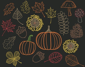 Fall Chalkboard Clip Art, Orange Leaves, Autumn Leaf Clipart, October, Chalk Pumpkin, Woodland Acorn, Mushroom, Forest Pine Cone, Sunflower