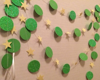Tinkerbell Inspired Party Glitter Garland Birhtday Decoration Supplies 5 8 10 12 or 15 ft Green Yellow Stars and Circles Peter Pan Disney