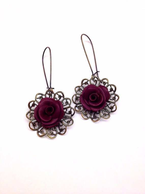 Spanish Style Polymer Rose Earrings in Purple Tone