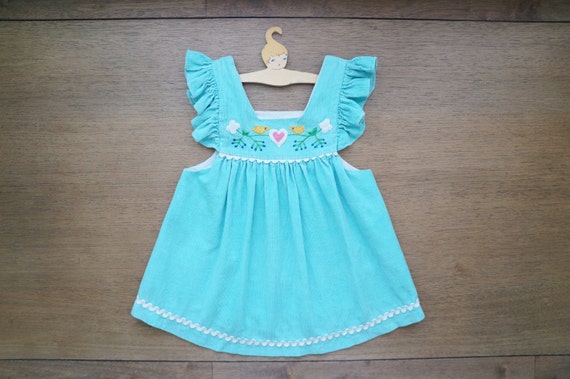 Vintage Baby Clothes, Baby Girl Turquoise Blue Corduroy Pinafore Dress with Bird Appliques, 12 Months