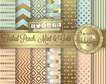 TRIBAL Gold Pale Coral Salmon Peach Mint Digital Paper Background Chevron Polka dots Scrapbooking Blog invitations thank you cards
