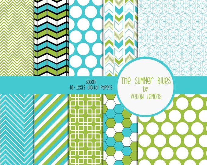 INSTANT DOWNLOAD- Blue, green and white retro background patterns texture scrapbooking background