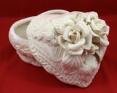 Heart box, Heart trinket box, porcelain bisque heart, Lefton heart with lid, Valentine gift box,
