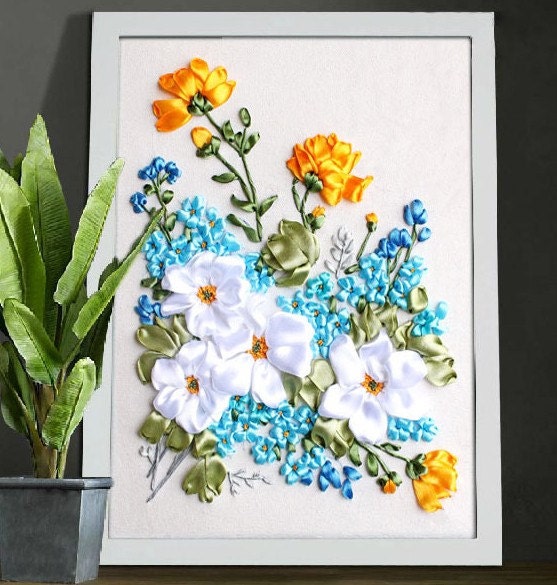 Ribbon Embroidery DIY Kit Flora Pattern White by Minicreature