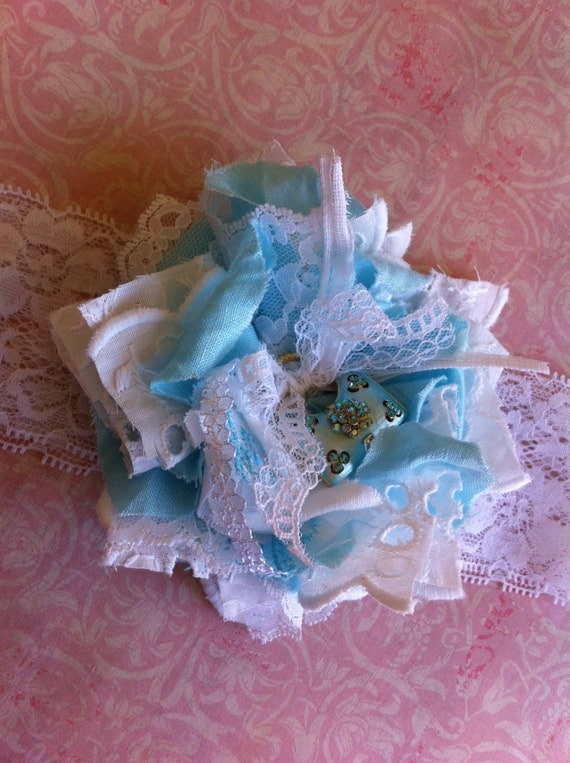 Pale Turquoise Linen and Lace/ Girls Shabby Chic Headband/ Womens Brooch/ Clothing Embellishment/ Baby Headband/ Dress Sash Flower/ Hairclip