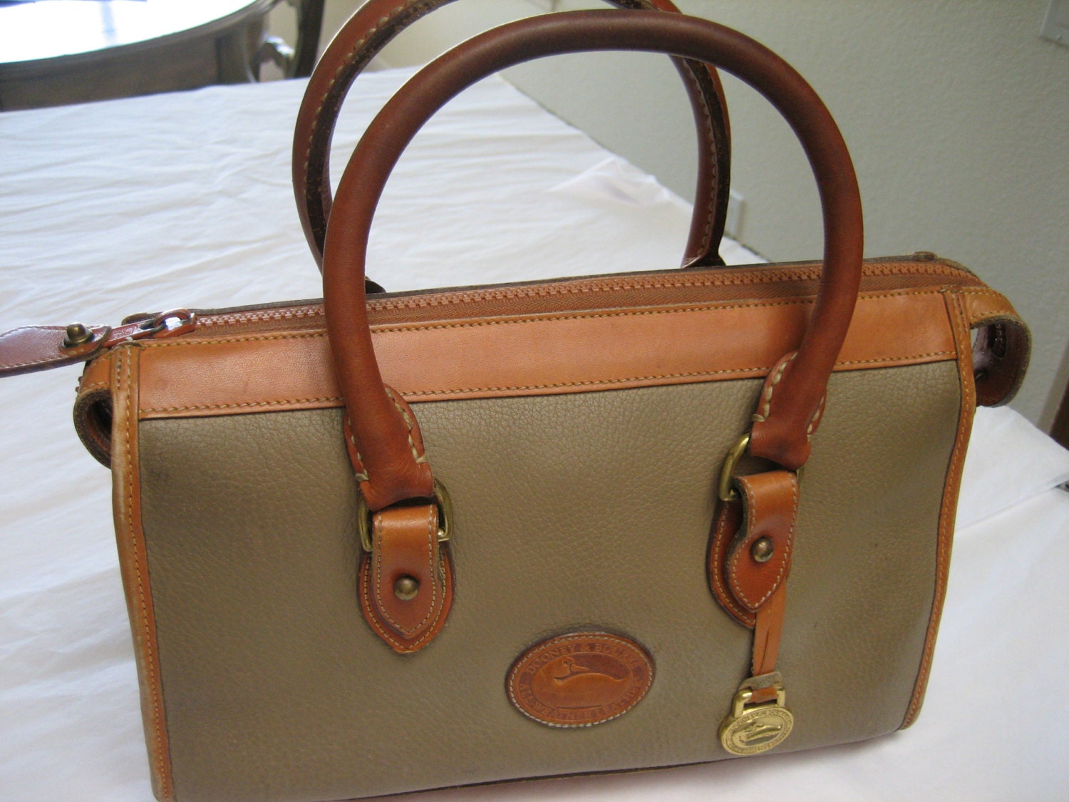 Dooney & Bourke Vintage Taupe And Tan Satchel by CLASSYBAG on Etsy