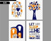 Baby Boy Nursery canvas art, Set of 4 8x10. Elephant, Love Tree, Let him sleep..., Alphabet  orange navy grey ( S810156 )