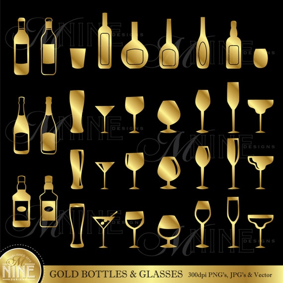 GOLD BOTTLES & GLASSES Clip Art: Clipart Vector Art File
