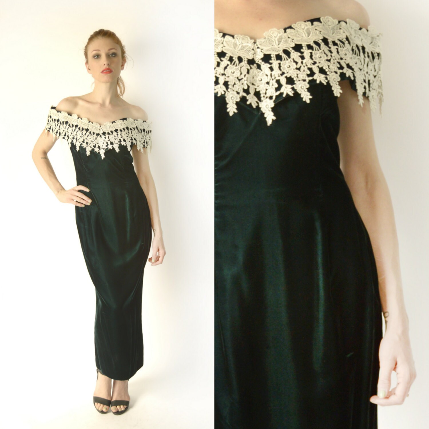 Vintage Velvet Evening Gown / Emerald Green Lace Trim Holiday