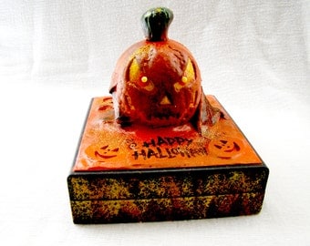 Halloween Pumpkin Head Keepsake or Candy Solid Wooden Box - Hand Crafted and Hand Painted