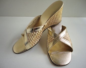 Bertlyn vintage gold metallic wedge slippers, house shoes, 1960s 1970s ...