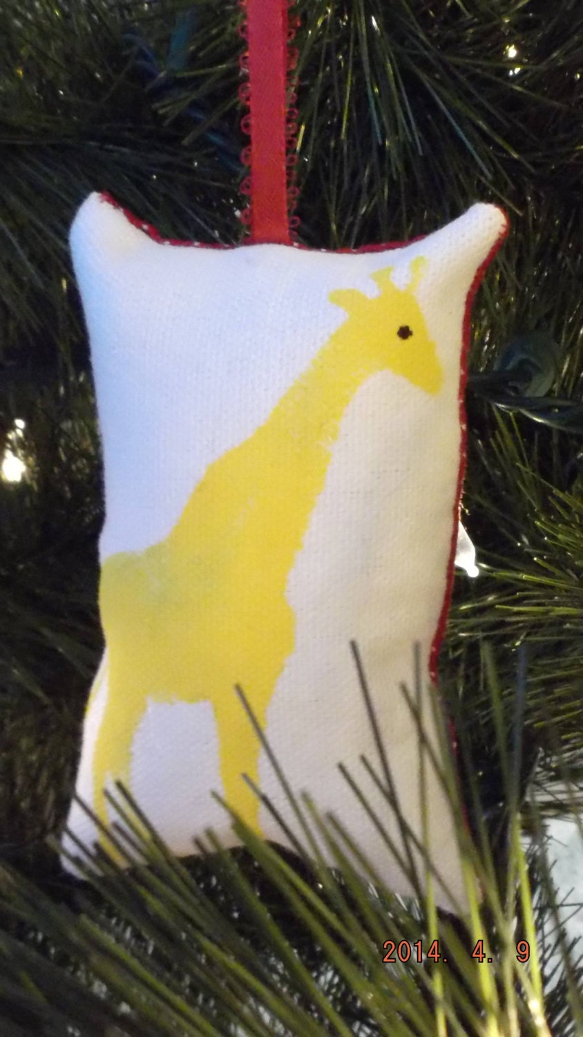 Yellow Giraffe Stenciled Pillow Christmas Tree Ornament on Red Dotted Fabric FREE SHIPPING!