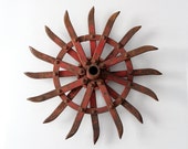 FREE SHIP antique hoe wheel / rare red primitive farm implement