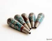 Handmade Tibetan White Metal Beads - Turquoise and Coral Inlay - Teardrop Beads