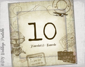 wedding table number template -DIY "Travel Bug" number cards - digital wedding printable -YOU EDIT Word instant download