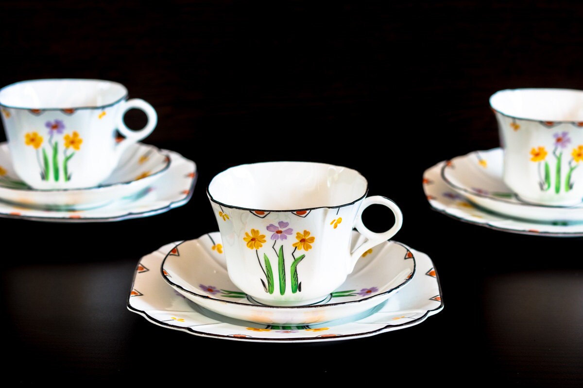 Stylish handpainted art deco tea set by Melba bone china from the