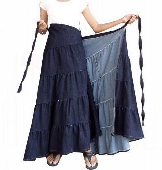 SK 10. Maxi Wrap Long Skirt Cotton Denim Chambray by Fashionsup