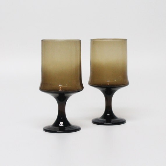 2 vintage smoke colored stem drinking glasses
