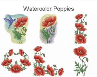 Watercolor Poppies Flower Floral Heirloom Quilt Machine Embroidery Designs Pack Instant Download 4x4 5x5 6x6 hoop 11 designs APE1878