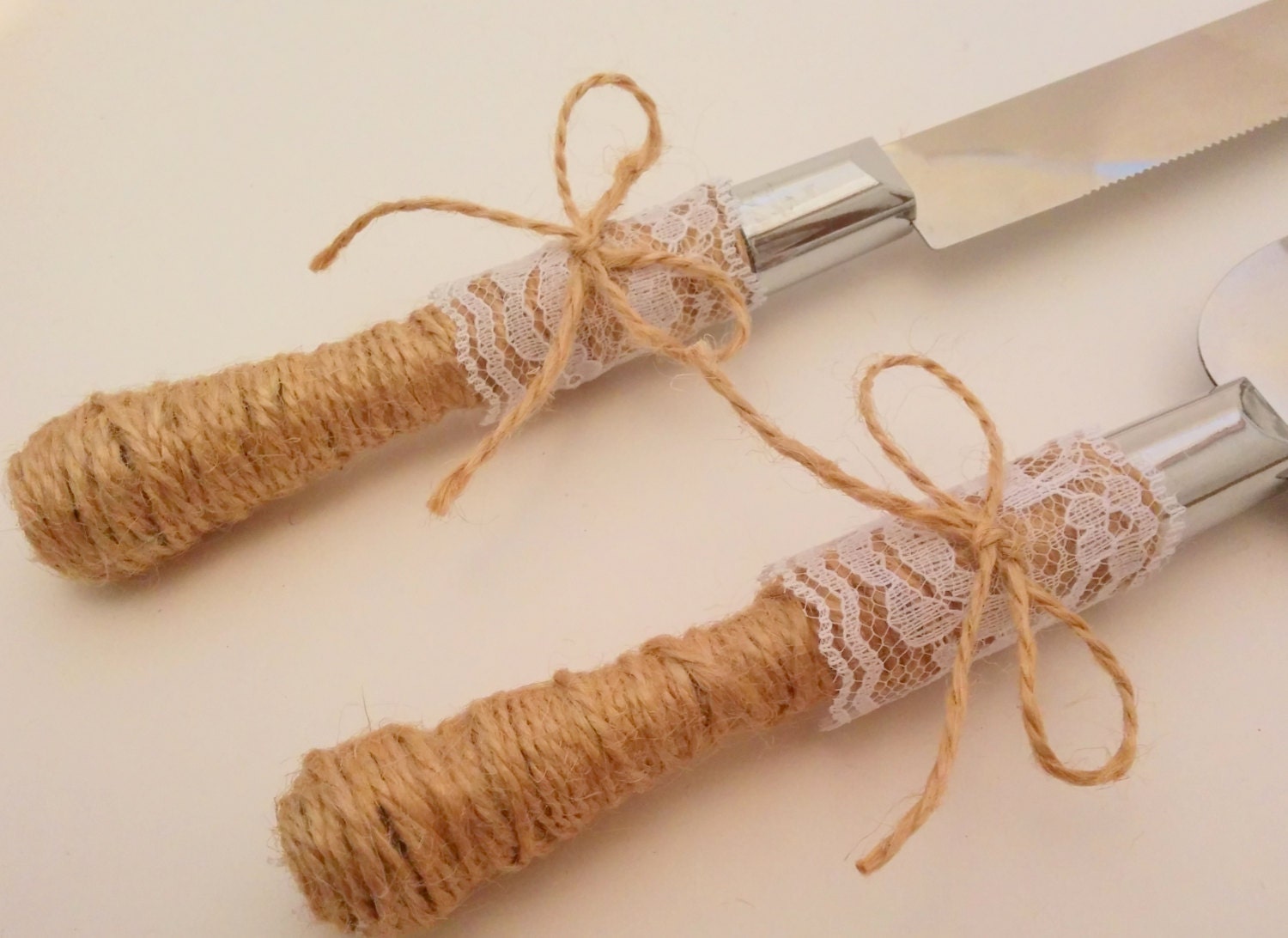 Rustic Wedding Cake Knife and Server Set Jute Twine & Lace
