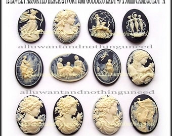 12 Asst. Styles Ivory color on Black 40mm x 30mm Resin GODDESS CAMEOS LOT A for Making Costume Jewelry