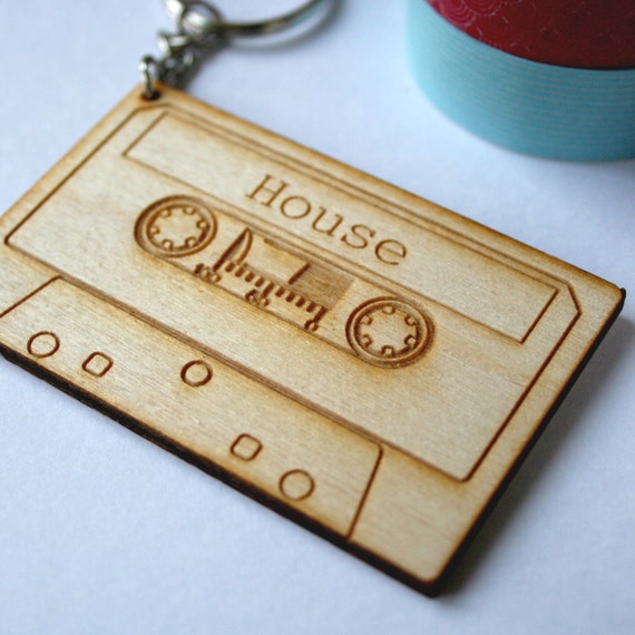 House Music Cassette tape key ring Wooden Tape Keyring