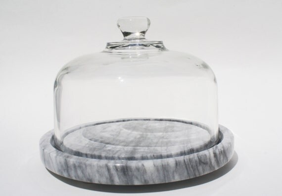 Marble Cheese Board with Glass Dome / Vintage Cheese Server
