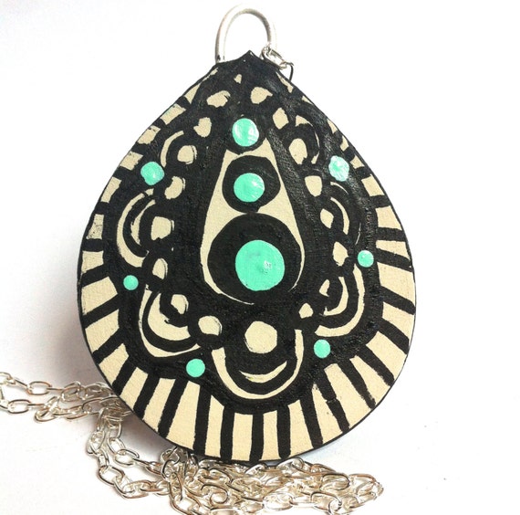 Teardrop Statement Necklace- Mint Geometric Pendant, Tribal Necklace, Hippie Jewelry, Trippy Festival Jewelry, Zen Doodle, Deadhead Art Team