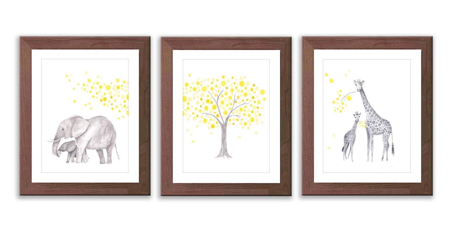 Elephant and Giraffe Nursery Art Yellow and Gray Nursery