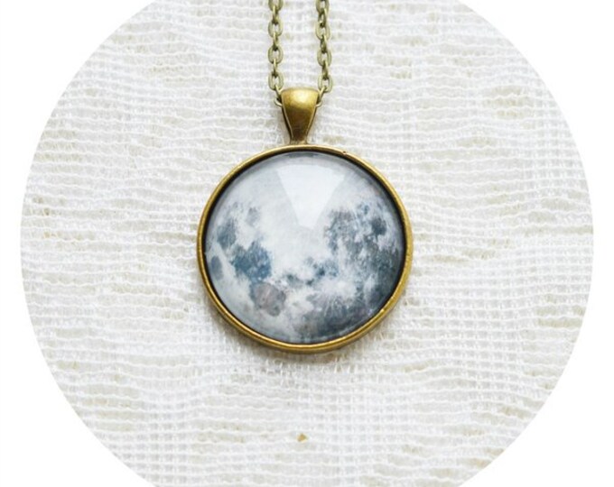 The SPACE Round pendant with the image of the planet Moon from brass and glass retro and vintage