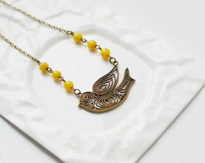 SALE! Necklace Swallow metal brass with natural quartz
