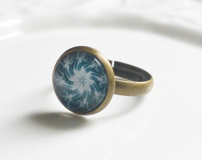 SALE! Dimensionless ring with abstraction art from glass and brass, Blue and Grey, Space and Galaxy