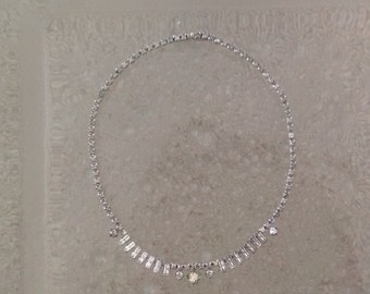 Clear Rhinestone Necklace, Choker, Leo Glass, Vintage, 1940s