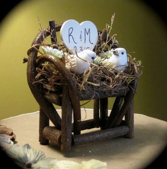 Personalized Rustic Twig & Vine Bench Wedding Cake Topper with Woodland Doves