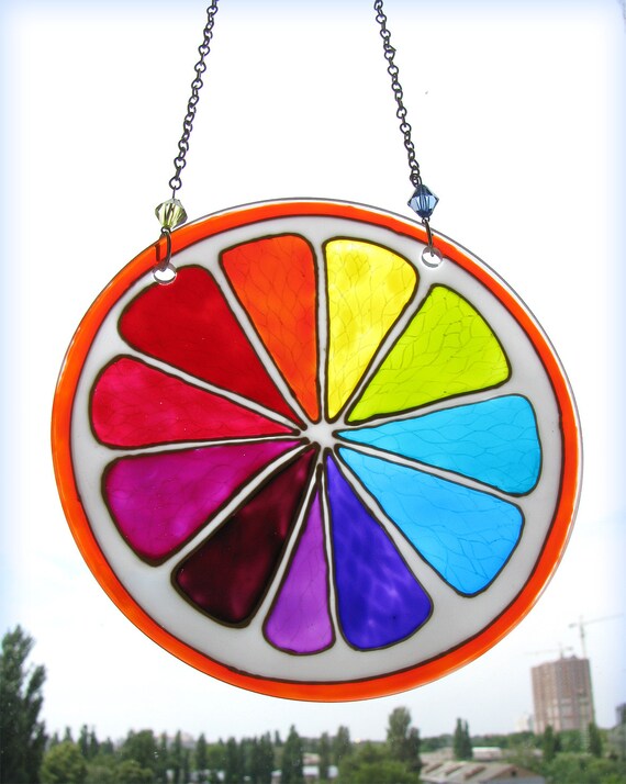 Hand Painted Suncatcher Rainbow Orange Stand Glass