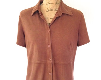 Brown Ultra Suede Shirt with wide lapel, half sleeves and front button