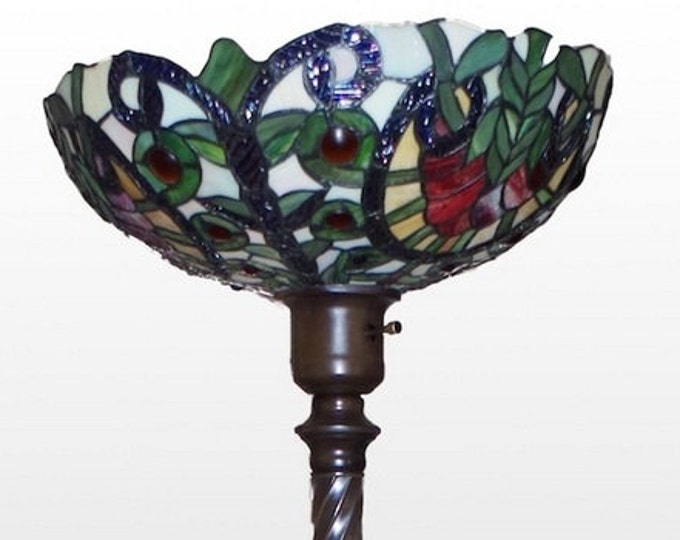 Storewide 25% Off SALE Vintage Tiffany Style Swivel Bronze Base Torch Decorative Floor Lamp Featuring Berry Floral Inspired Shade