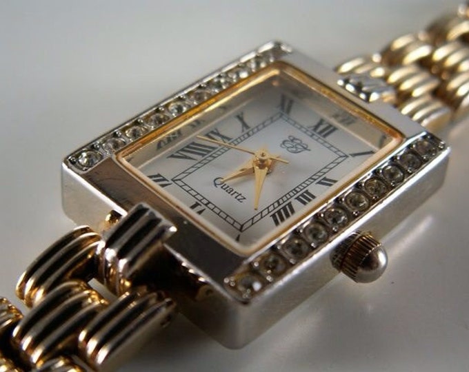 Storewide 25% Off SALE Ladies Elizabeth Taylor elegant quartz watch with rhinestone trimmed face and gold tone band