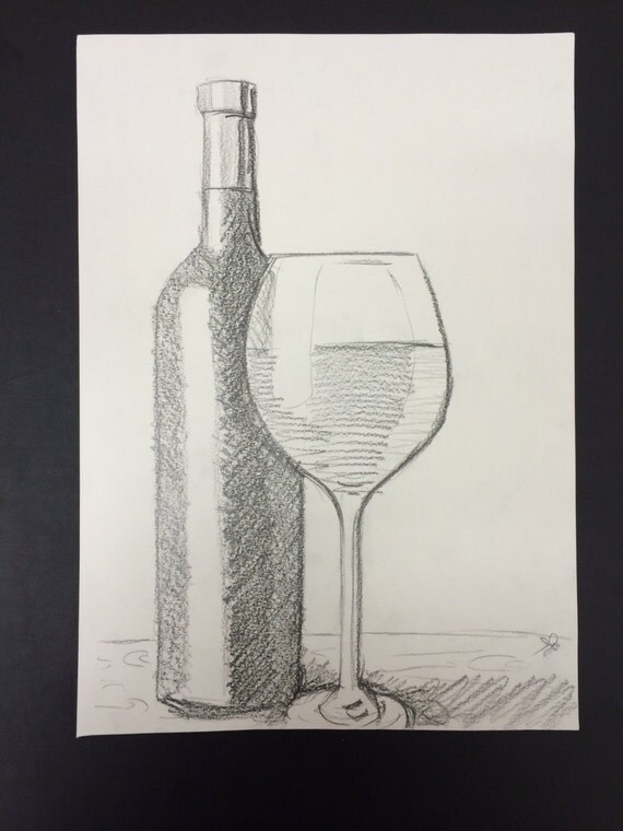 Items similar to Wine bottle and glass drawing original still life