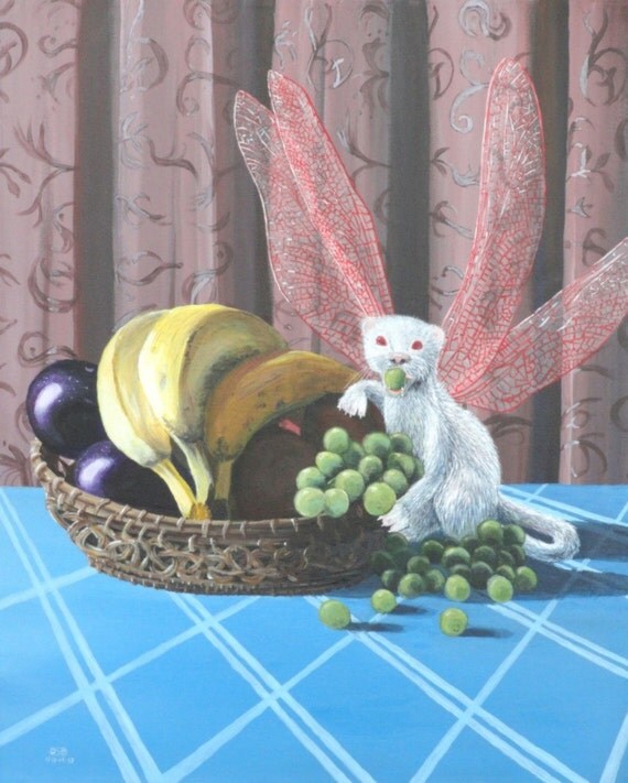 Still Life Albino Flutter Ferret with Basket of Fruit on blue