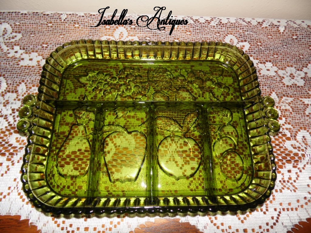Green Glass Vintage Serving Platter Mid Century Home Decor Fruit Motif