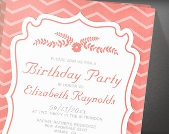 Coral Chevron Birthday Party invites