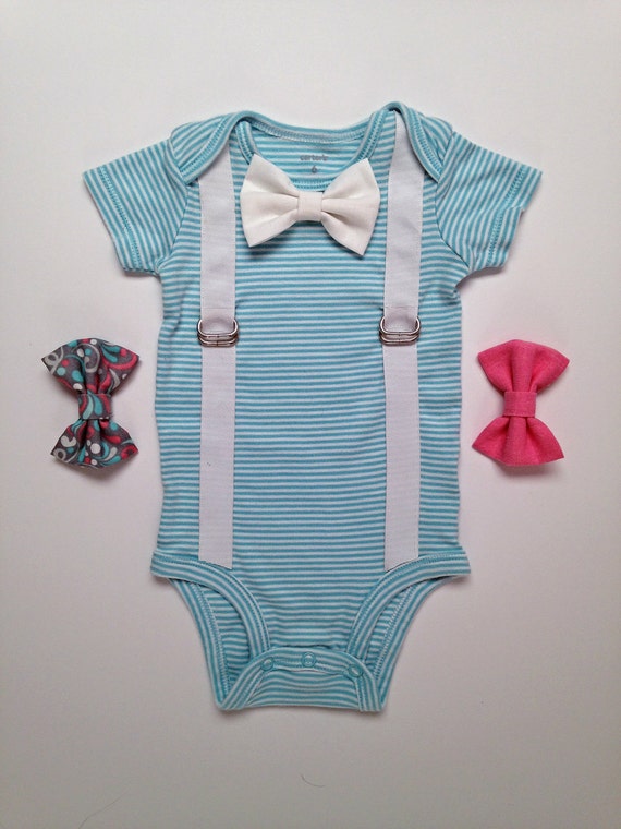 Baby boy blue & white striped onesie w/ suspenders and set of